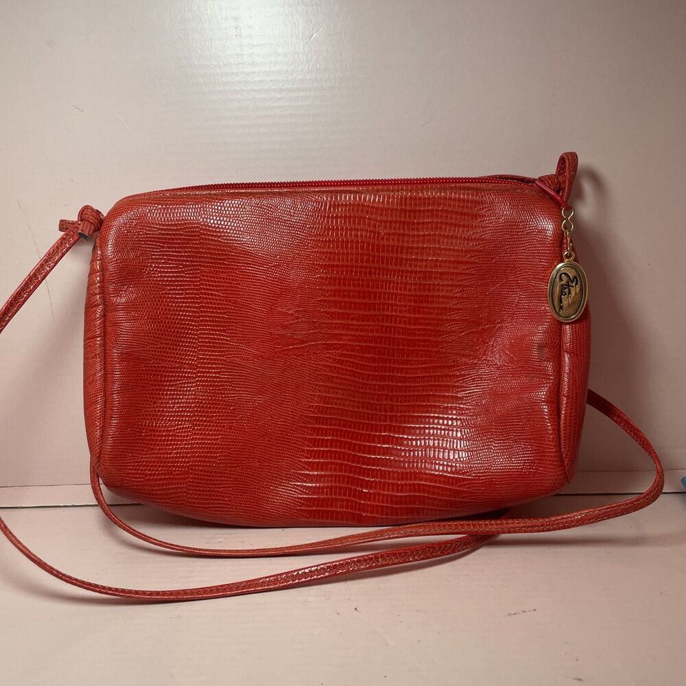 Vintage Etra Red Leather Clutch Purse Envelope Handbag Hidden Gold Chain